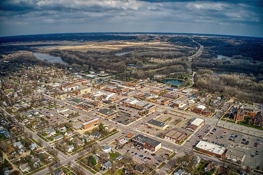 Aerial View of Downtown St. Peter, Minnesota, during Spring.