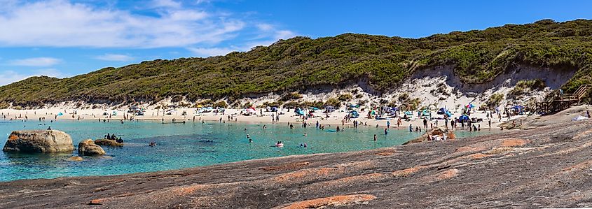 People enjoying the beach at Greens Pool in Denmark, Western Australia. 