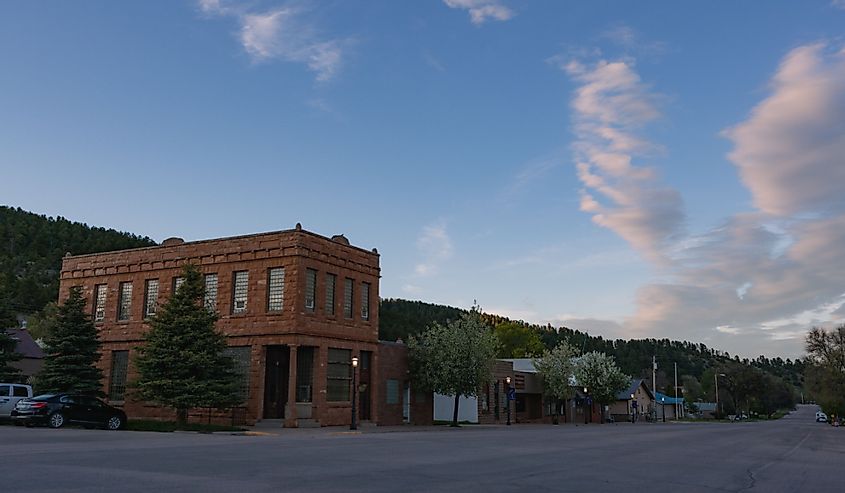 The old Sundance Bank, Wyoming building during sunset.