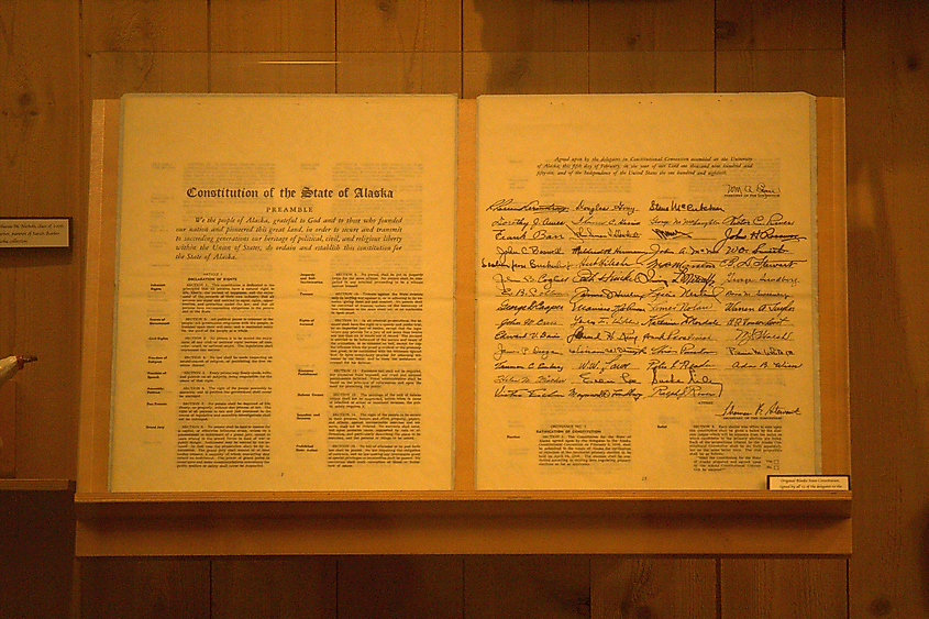 The Constitution of Alaska on display in the Seattle University School of Law library (Lethargilistic, CC0, via Wikimedia Commons)