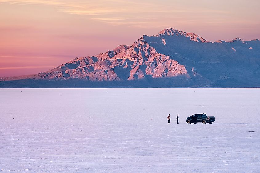 Bonneville Salt Flats near Salt Lake City at sunset.