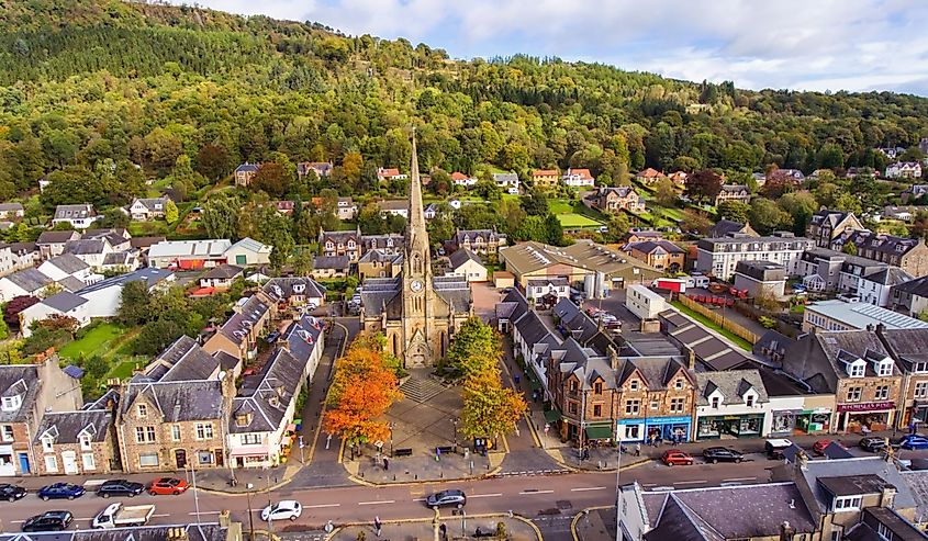 Aerial shot of the village of Callander in Stirlingshire, Scotland.