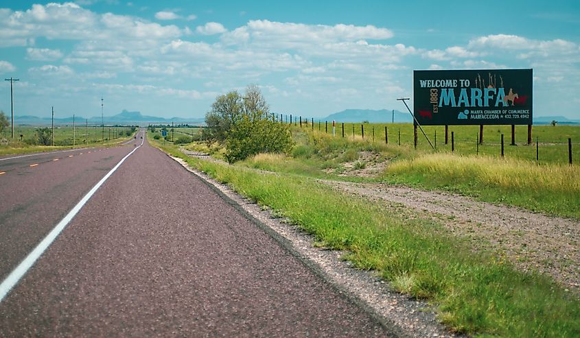 Welcome to Marfa sign near interstate highway.