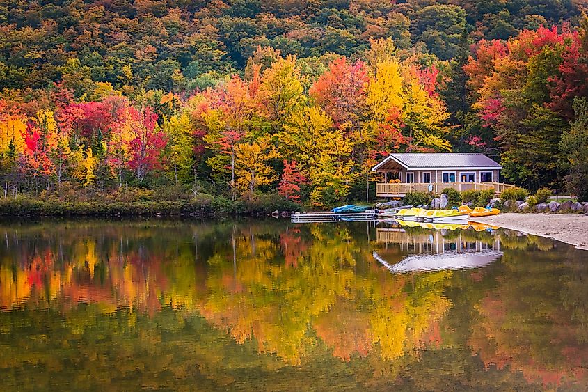 Boathouse in Echo Lake, Franconia Notch State Park, New Hampshire during the fall.