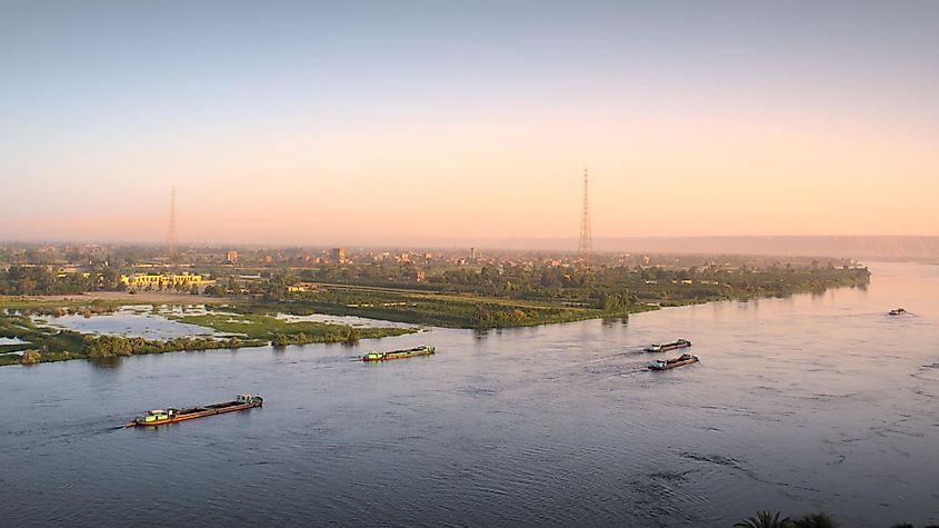 Flock of cargo ships ( Dry bulk carriers ) sailing in the Nile river in early morning