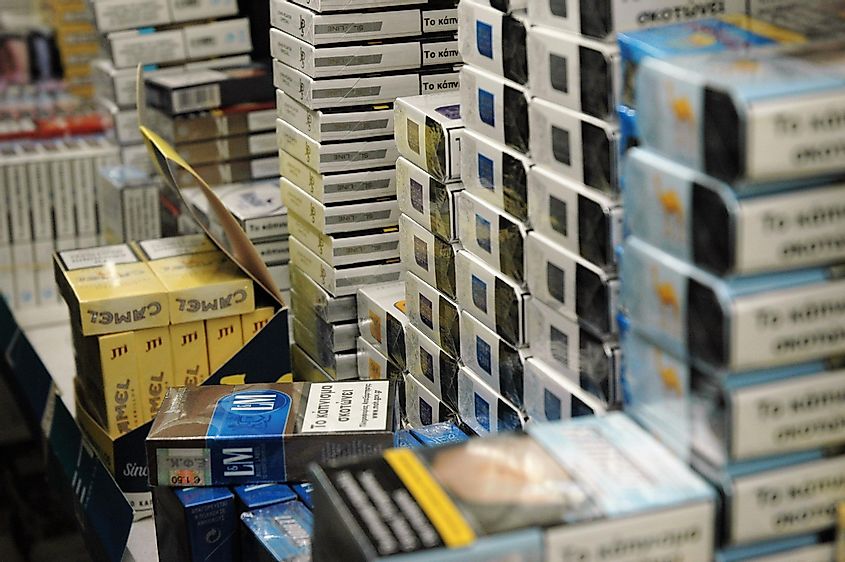 Packs of cigarettes of many brands at a local tobacco shop, Athens Greece