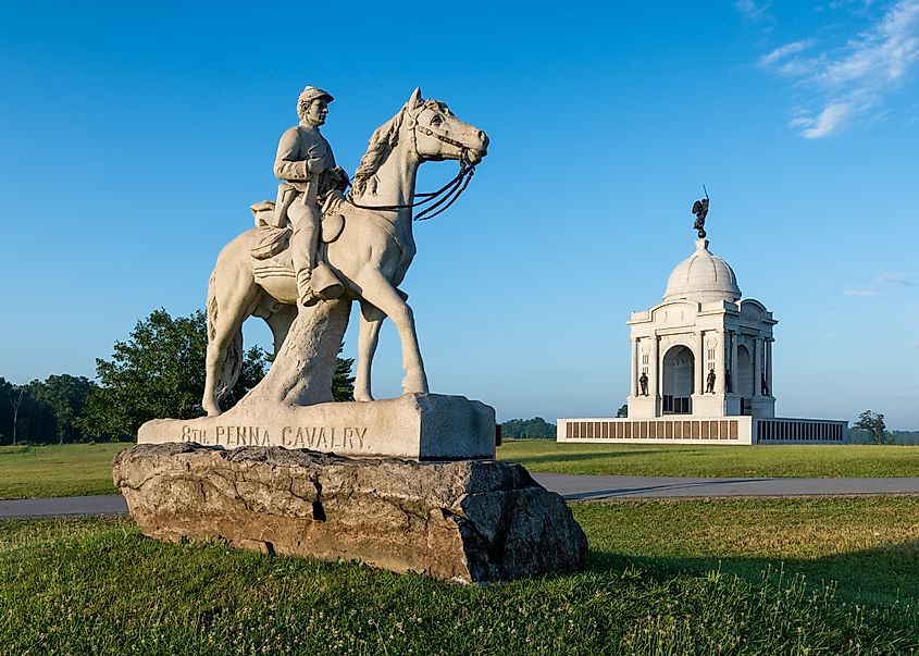 GETTYSBURG, PENNSYLVANIA - JULY 5, 2013: 8th Cavalry monument and Pennsylvania Memorial at the Gettysburg National Military Park on July 5, 2013 in Gettysburg, Pennsylvania