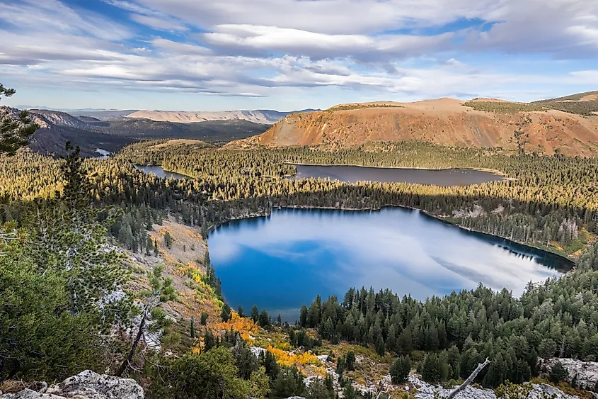 Aerial view of Lake George in the Mammoth Lakes basin close to sunset.