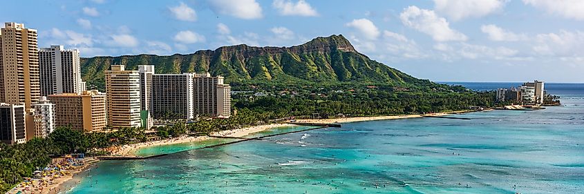 Waikiki beach and Diamond Head mountain peak at sunset, Oahu island