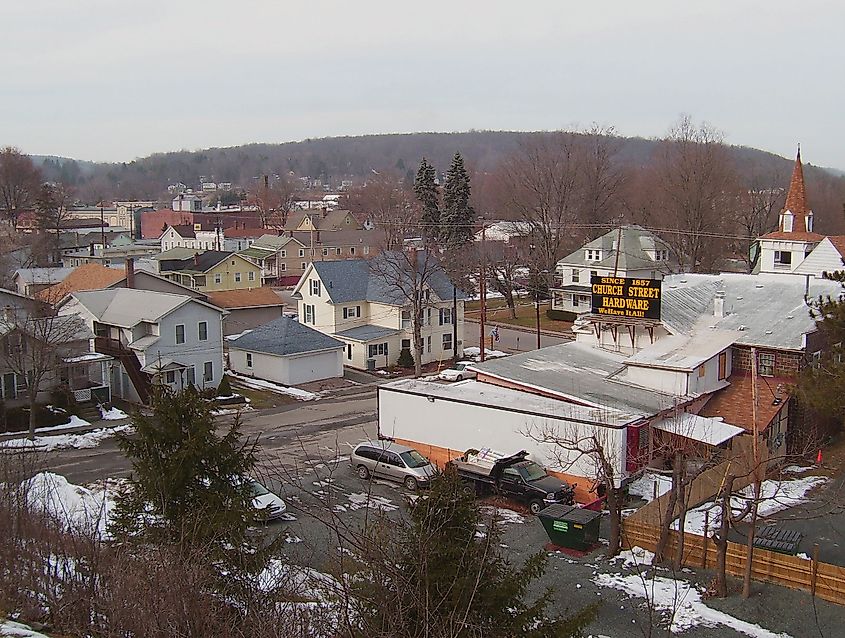 An aerial view of Hawley, Pennsylvania, during winter, with snow scattered throughout the landscape.