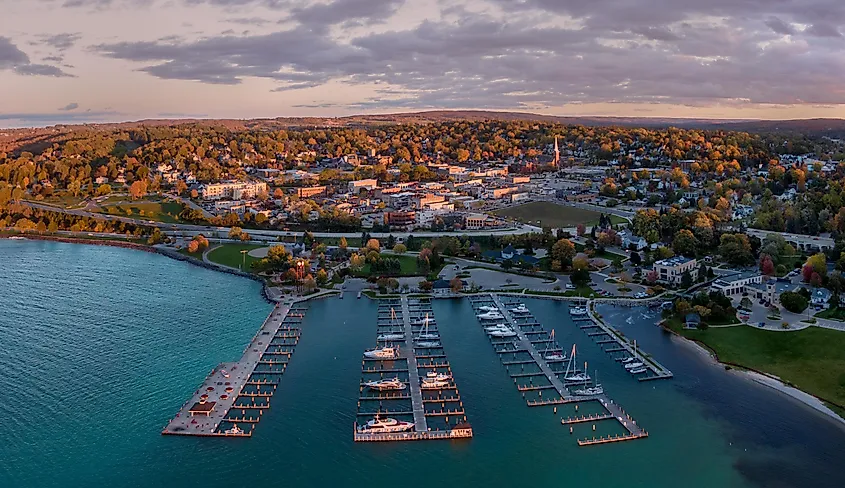 Aerial view of Petoskey, Michigan at sunset