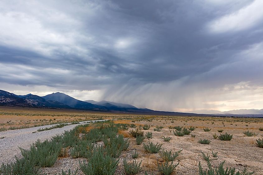 Rain clouds gather over Great Basin National Park and the Snake Mountain Range near Baker, Nevada.