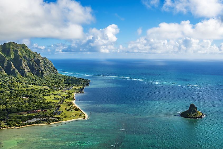 Aerial view of Kualoa Point and Chinamans Hat at Kaneohe Bay, Oahu, Hawaii