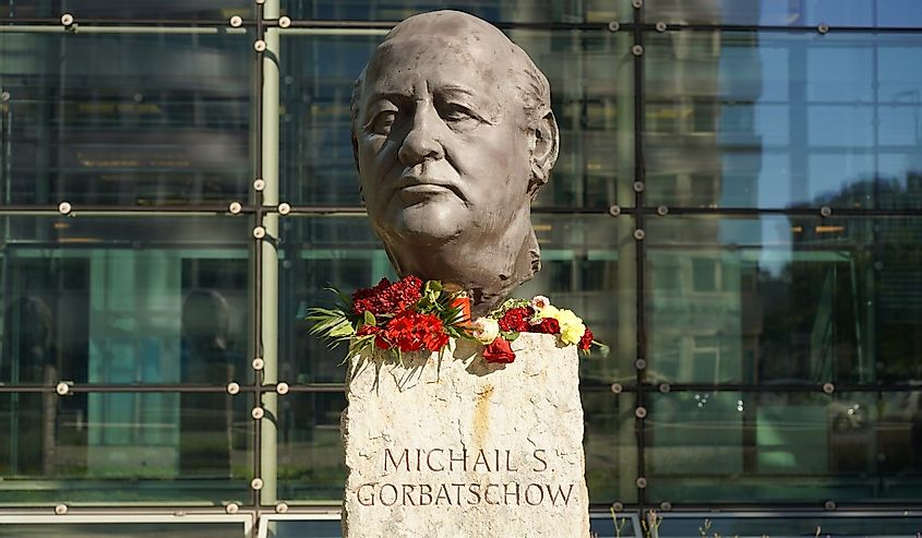 Mikhail Gorbachev decorated with flowers at Axel Springer building in Berlin