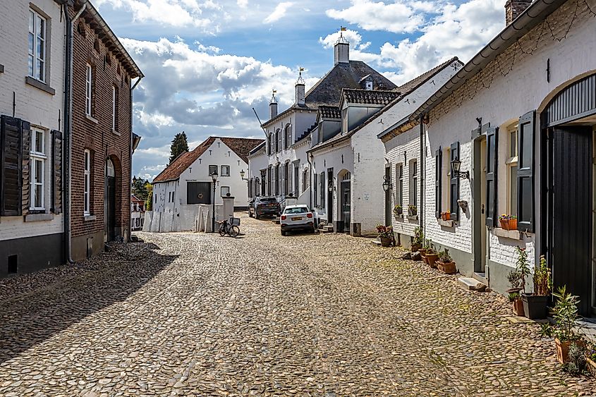 Cobbled streets and whitewashed houses with gabled roofs, Thorn, Netherlands