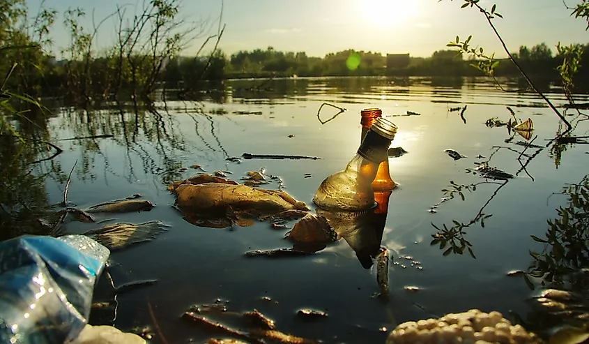 Rubbish and bottles garbage in city beautiful lake.