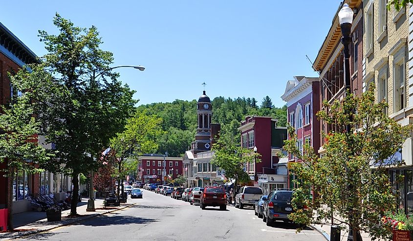 Main Street in village of Saranac Lake in Adirondack Mountains, New York,
