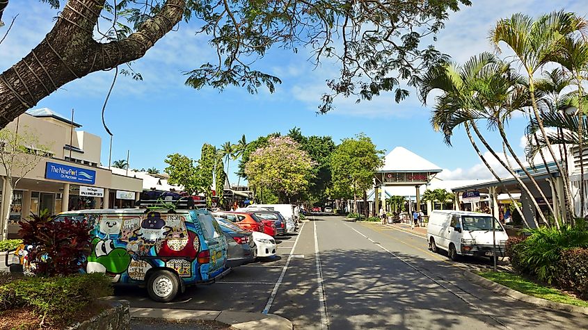 View of Macrossan Street, the main street of Port Douglas, Far North Queensland, Australia.