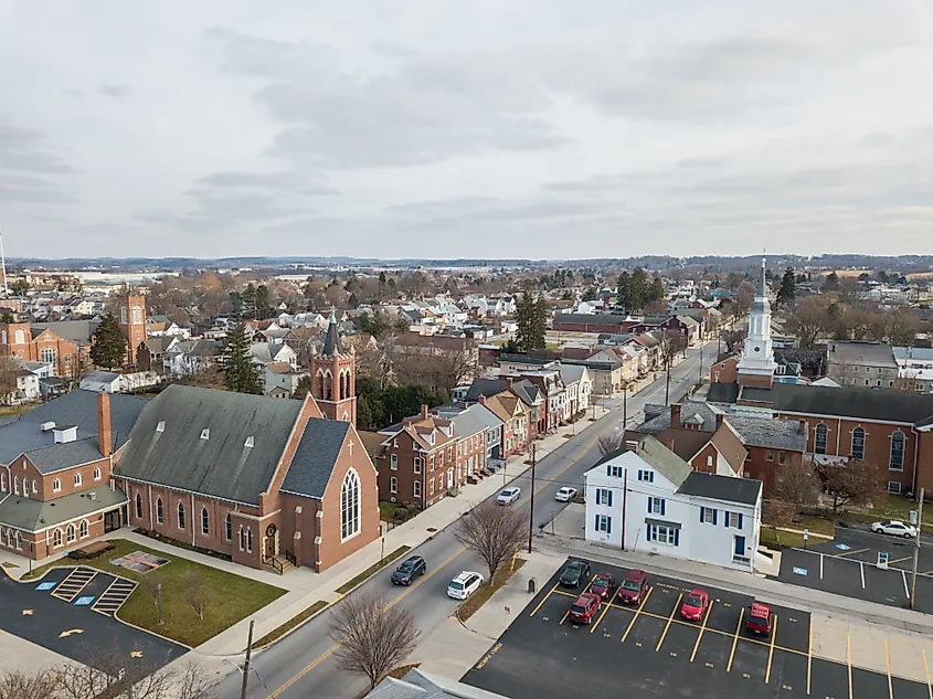 Aerial of Downtown Hanover, Pennsylvania next to the Square