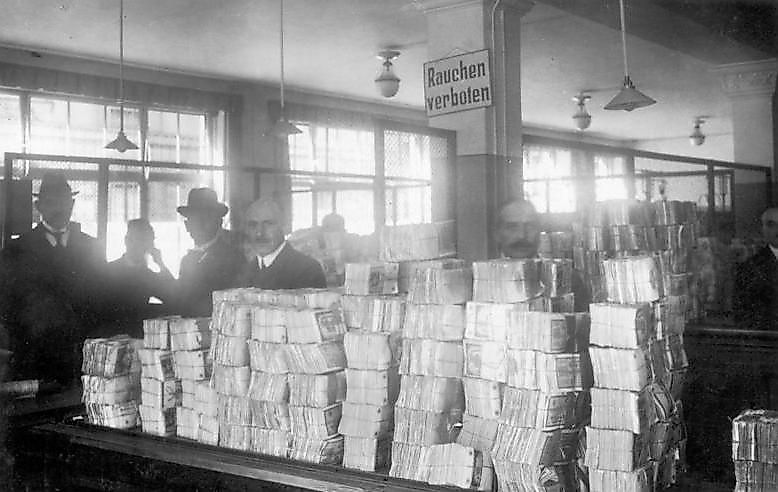Piles of new Notgeld banknotes awaiting distribution at the Reichsbank during the hyperinflation.