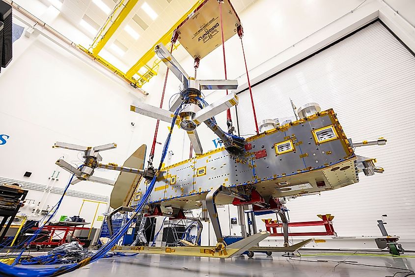 The Dragonfly drone suspended by bungee cords during its ground vibration testing in July 2026.