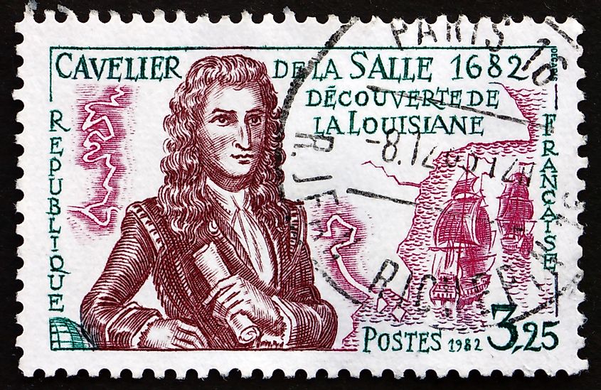 A stamp printed in France shows Cavelier de la Salle