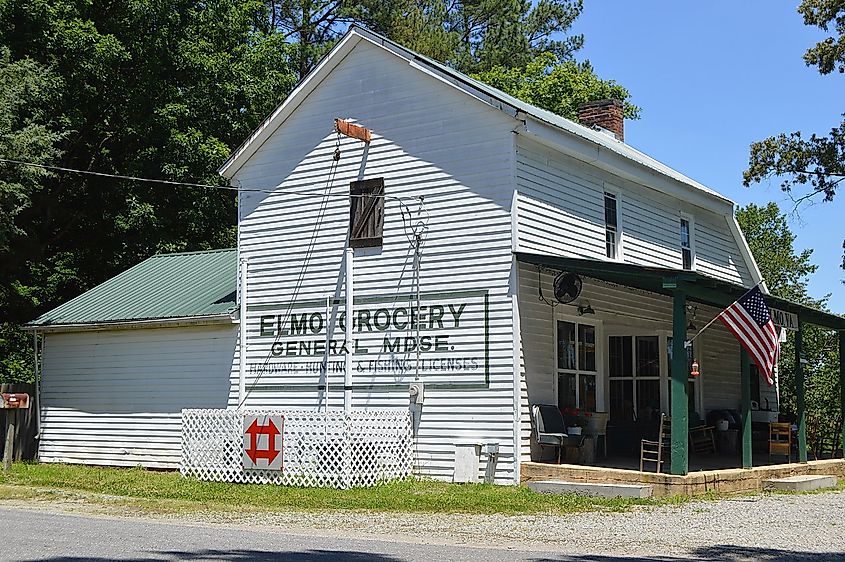 Western side and front of the Elmo general store, located on Birch Elmo Road at Elmo in Halifax County, Virginia, United States.