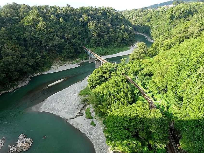 A view of the Tenryu River from above at Tenryu Gorge in Nagano Prefecture, Japan