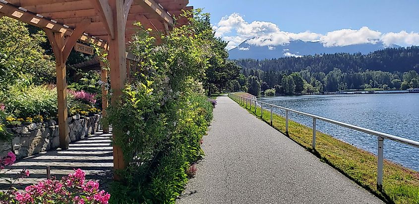 View of sidewalk with lake on the right in Nakusp, British Columbia