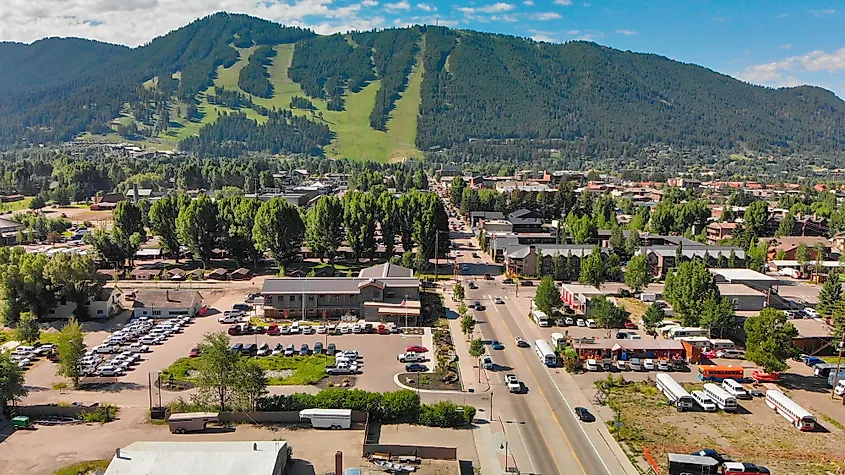 The town of Jackson, Wyoming with mountains in the distance