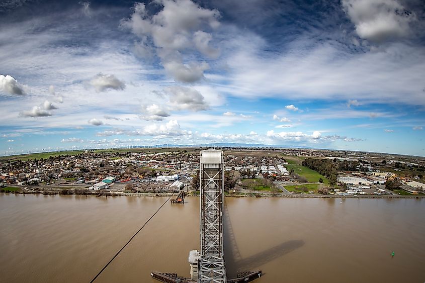 Aerial view of Rio Vista, California, from the top of Rio Vista Bridge.