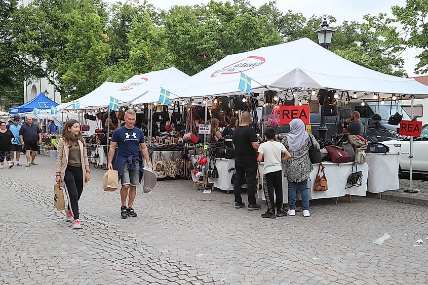 Visitors at the traditional outdoor market in Nora, Sweden