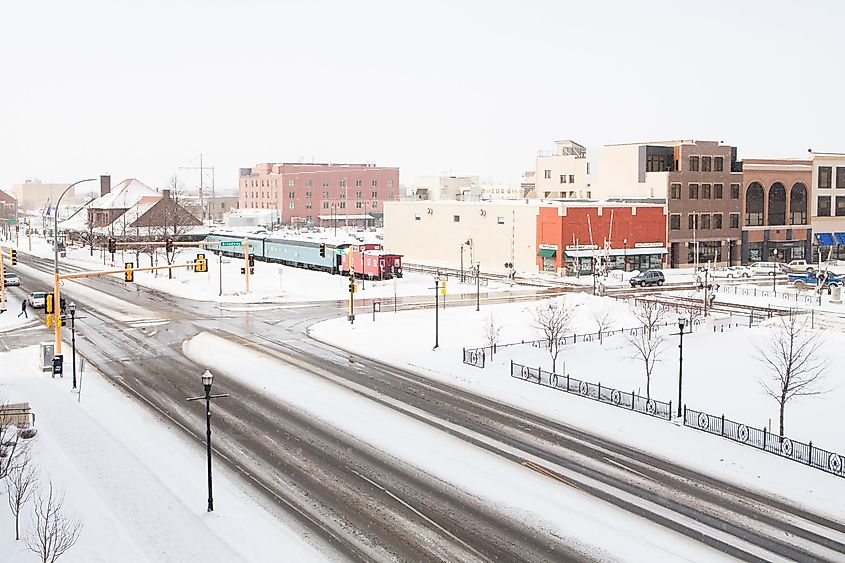 A snowstorm passes through Fargo, North Dakota in winter.