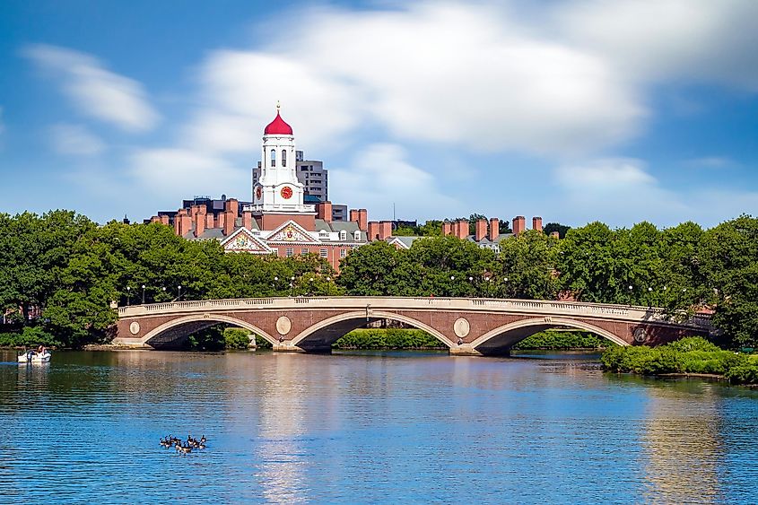 John W. Weeks Bridge with clock tower over Charles River in Harvard University campus Boston