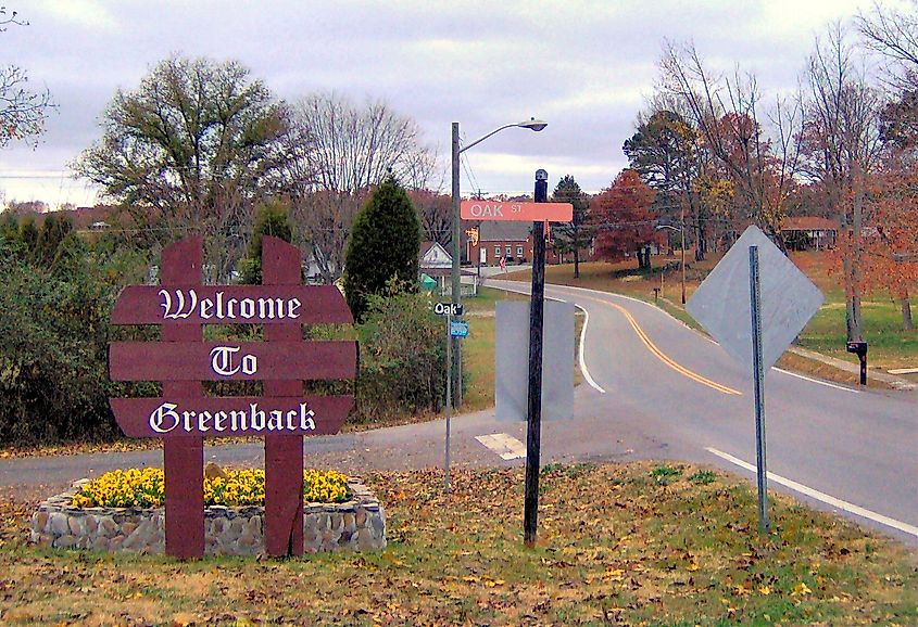 Welcome sign along Morganton Road in Greenback, Tennessee.
