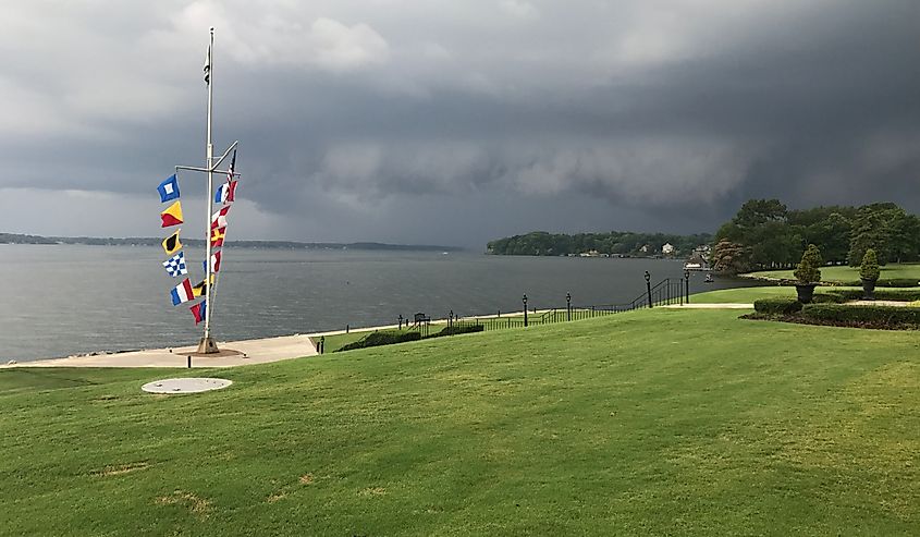 Storm brewing over the Tennessee River behind the Nautical Flags.