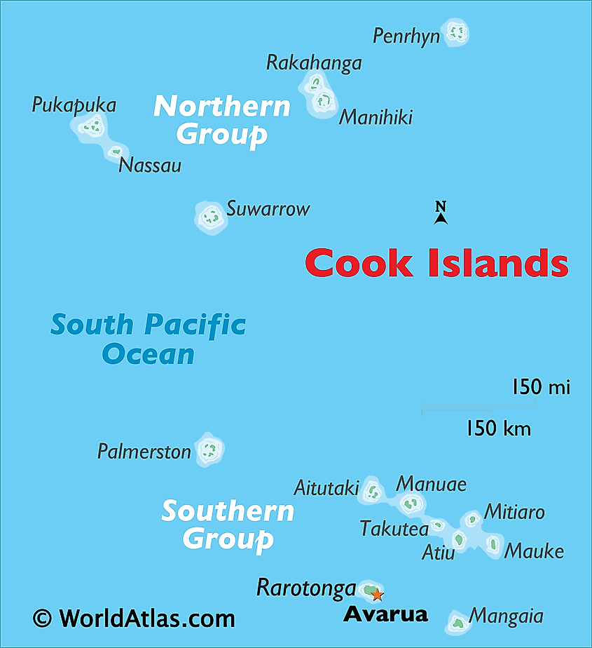 Physical map of the Cook Islands showing the dispersed island groups in the South Pacific.