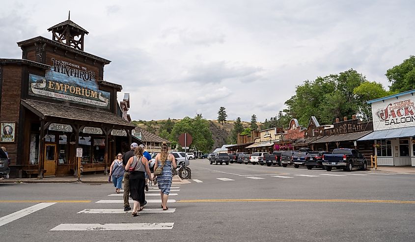 Street view of downtown Winthrop, a small wild west theme town in the Cascade Mountains of Washington State.