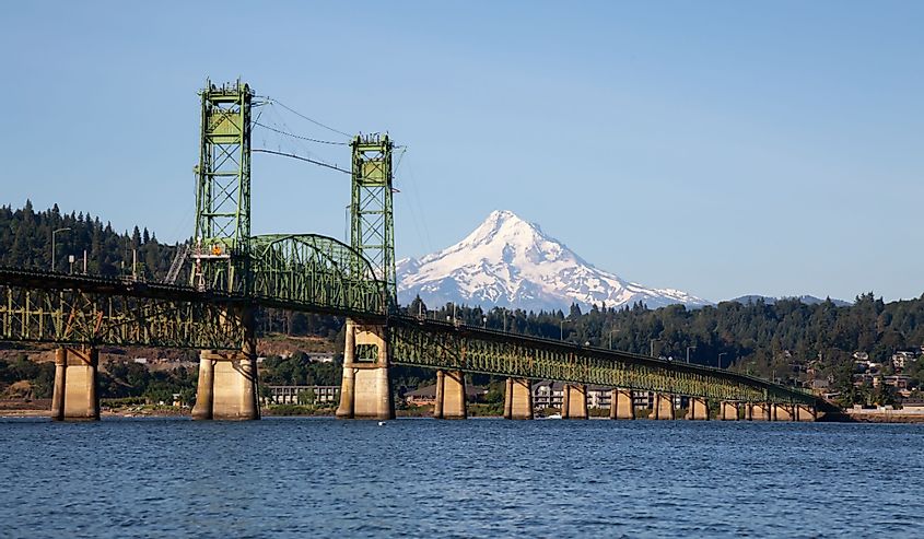 Beautiful View of Hood River Bridge going over Columbia River with Mt Hood in the background.