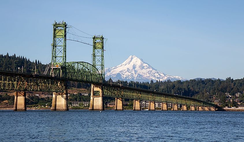 Beautiful View of Hood River Bridge going over Columbia River with Mt Hood in the background.