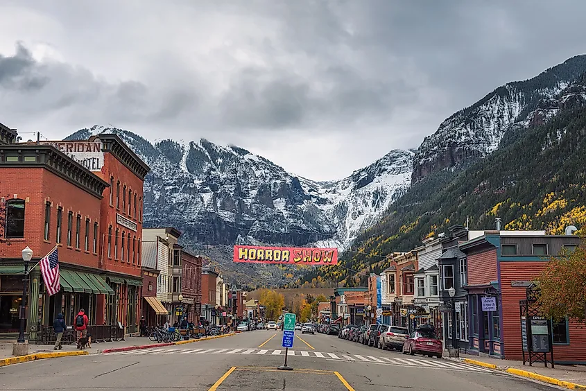 Colorado Avenue in Telluride facing the San Joan Mountains.