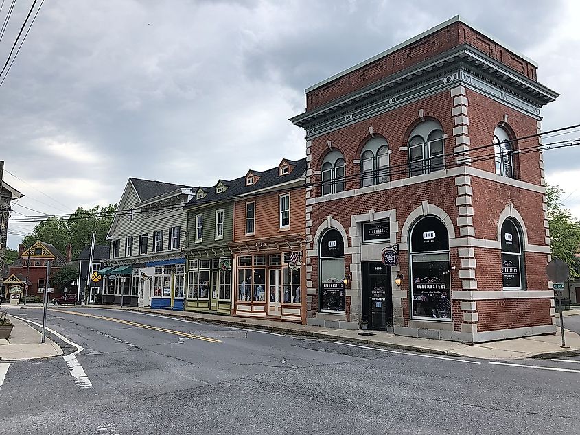 Buildings along Maryland State Route 851 (Main Street) just south of Sandosky Road and Oklahoma Avenue in Sykesville, Carroll County, Maryland