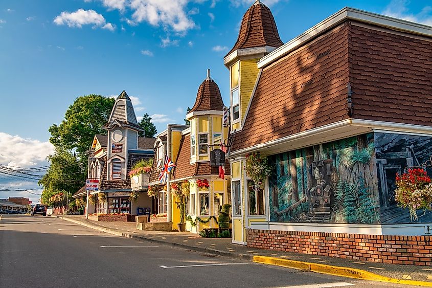 Colorful city buildings on a sunny day in Chemainus, British Columbia.