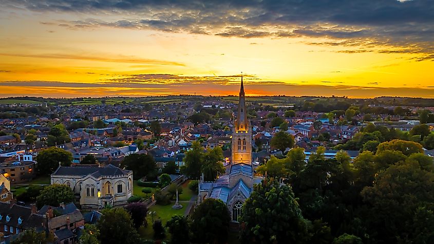 Aerial view of All saint church in Oakham, England, UK