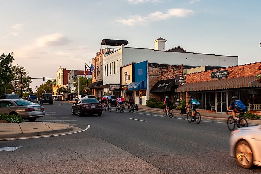 Cyclist riding north on North Vienna Street in downtown Ruston, Louisiana