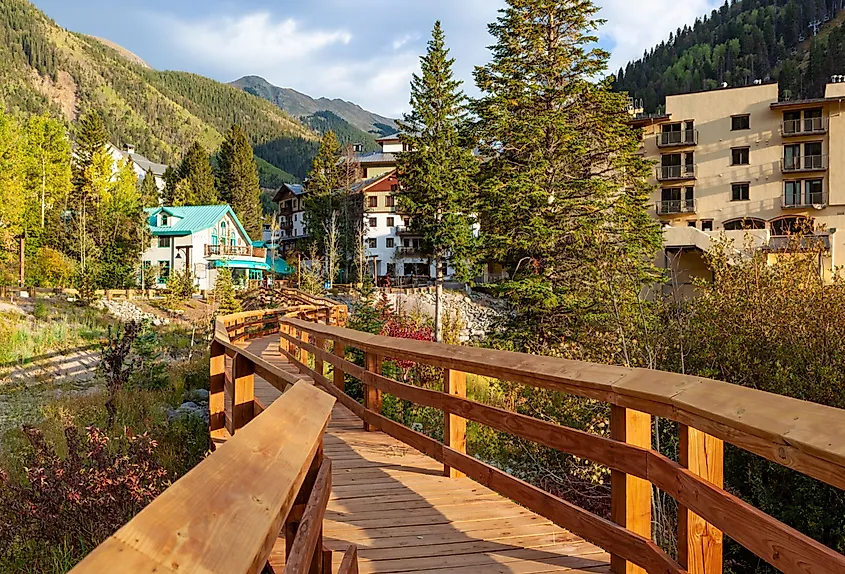 Boardwalk in Taos Ski Valley, New Mexico in fall.