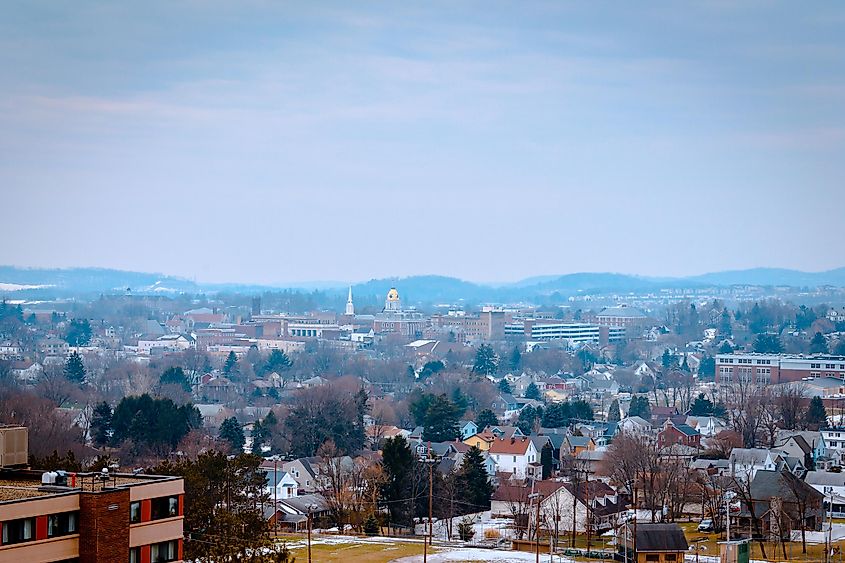 The cityscape of Indiana, Pennsylvania, in winter.