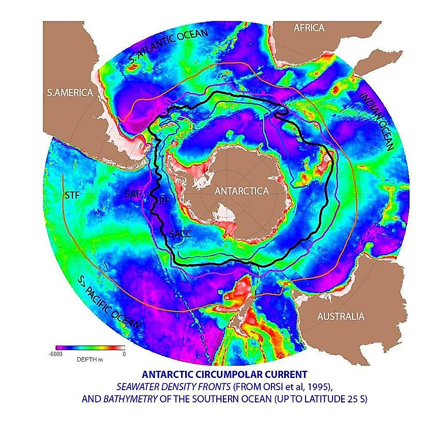 The Antarctic Circumpolar Current (ACC) is the strongest current system in the world oceans, linking the Atlantic, Indian and Pacific basins.