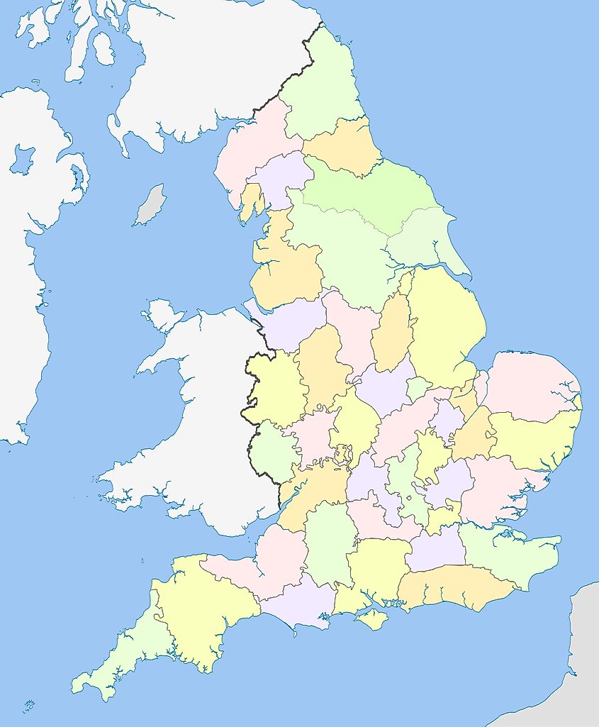 Counties of England in 1851 with major rivers, the ridings of Yorkshire, and the remaining exclaves shown.