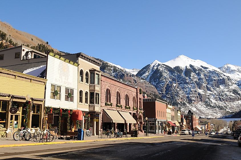 Downtown Telluride is lit by the sun on December 10, 2011 in Telluride, Colorado, USA.